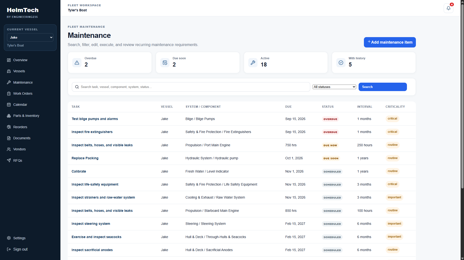HelmTech maintenance list with due dates and status