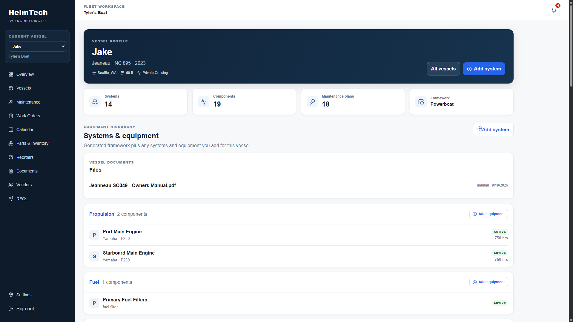 HelmTech systems and equipment page for a vessel