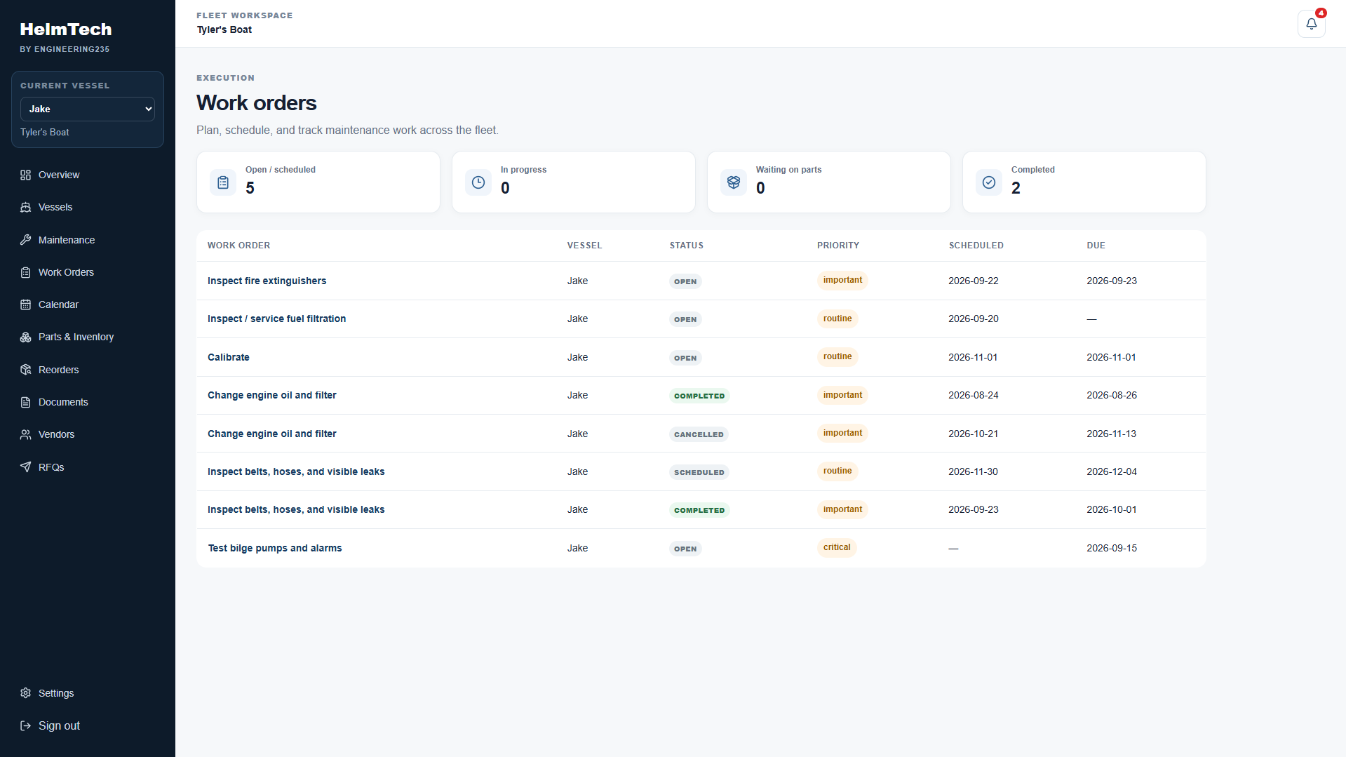 HelmTech work orders list with progress and status